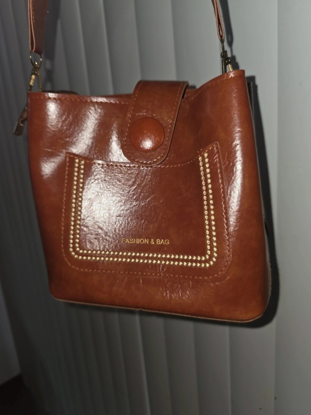 Tan Leatherette Crossbody with Front Pocket Detail